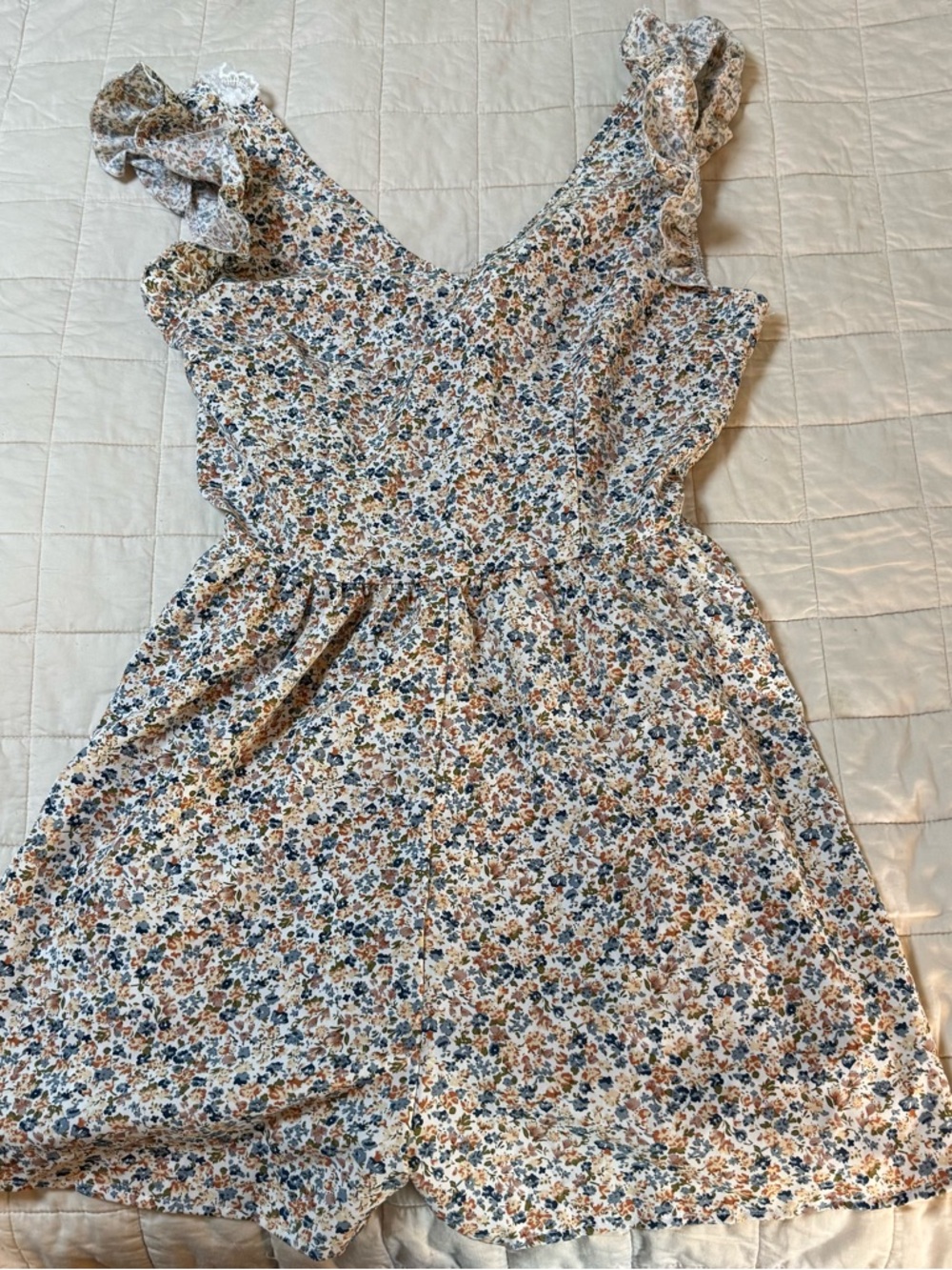 Floral Ruffle Romper - Blue & Cream - Picture 1 of 8